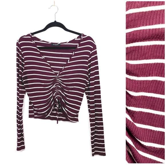Eclipse Long Sleeve Burgundy & White Striped Ruched Front - Picture 1 of 10